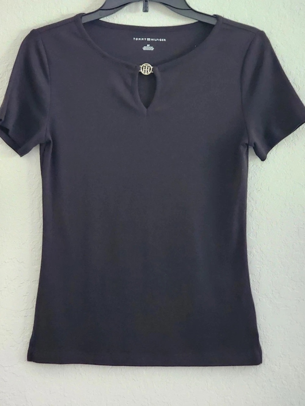 Tommy Hilfiger Black Short-Sleeve Top with Keyhole and Logo Medallion